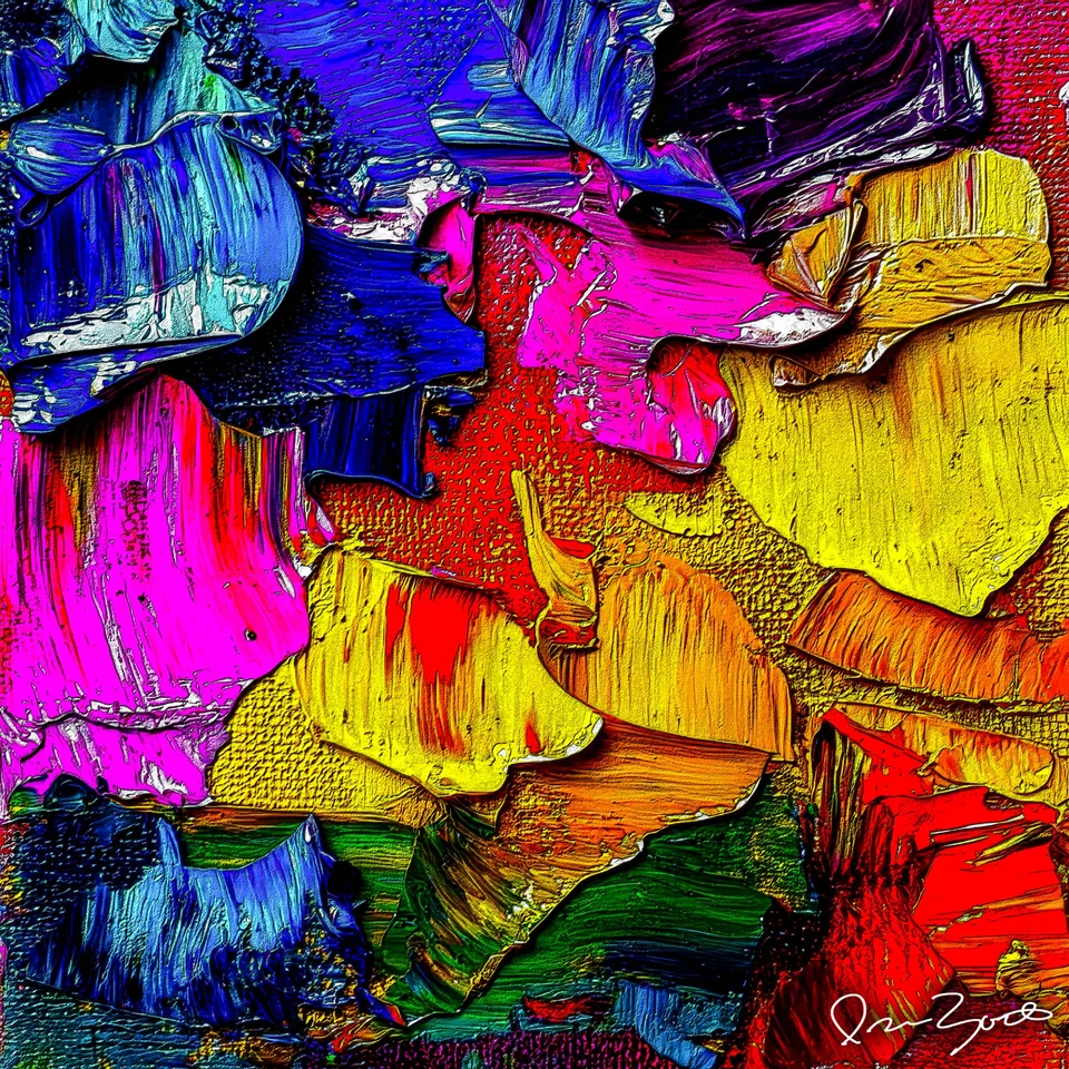 Square abstract digital painting of thick, interlocking palette-knife strokes in cobalt blue, violet, hot magenta, red, cadmium yellow and orange, with sharply raised paint edges.