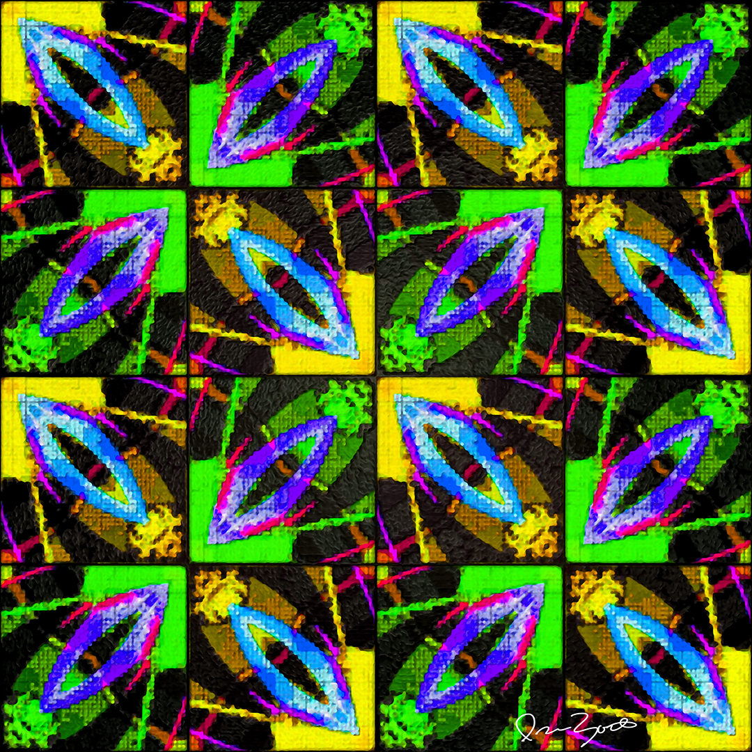 Square digital painting of a four-by-four grid repeating a blue and violet lens motif on green, yellow and black tiles.