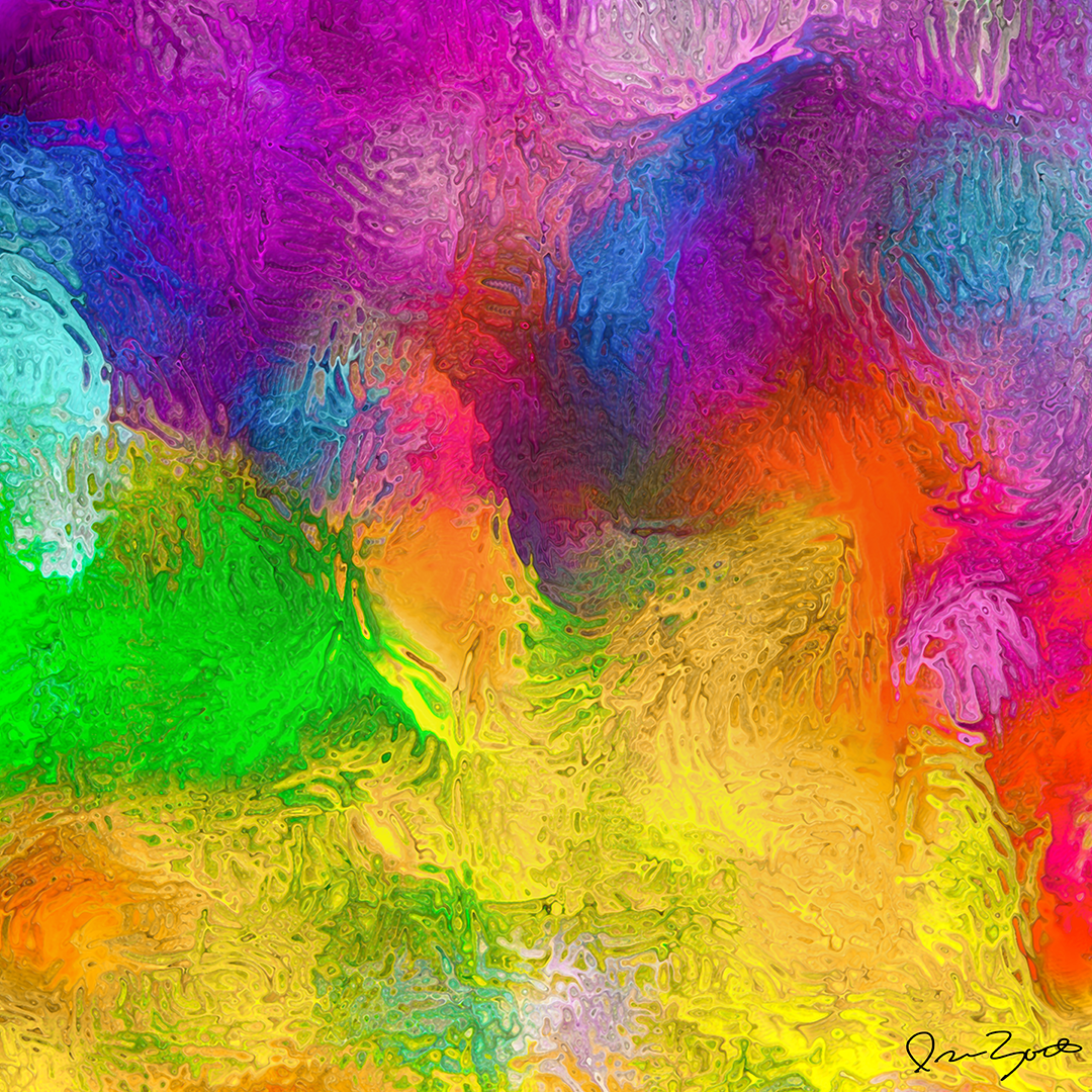 Square abstract digital painting of magenta and violet pouring into yellow and green with a reticulated orange crust.