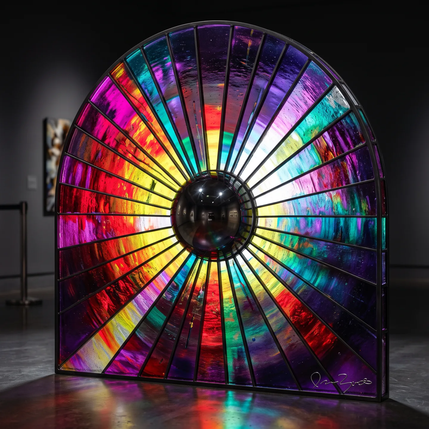 Dimensional interpretation of So Here I: a radial burst of violet, red and magenta cast-glass wedges set in blackened steel and lit from behind.