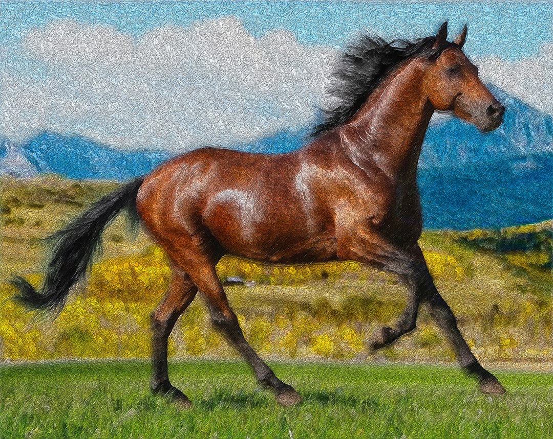 Digital impasto painting of a chestnut horse cantering across a green pasture with yellow scrub and blue mountains behind.