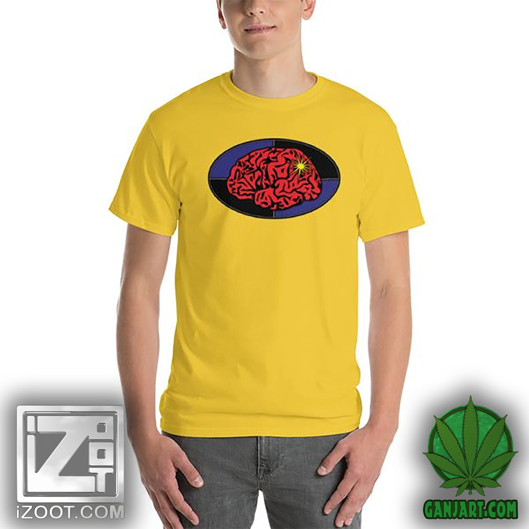 Yellow t-shirt printed with a red brain in black outline inside a quartered navy and black oval with a yellow spark.