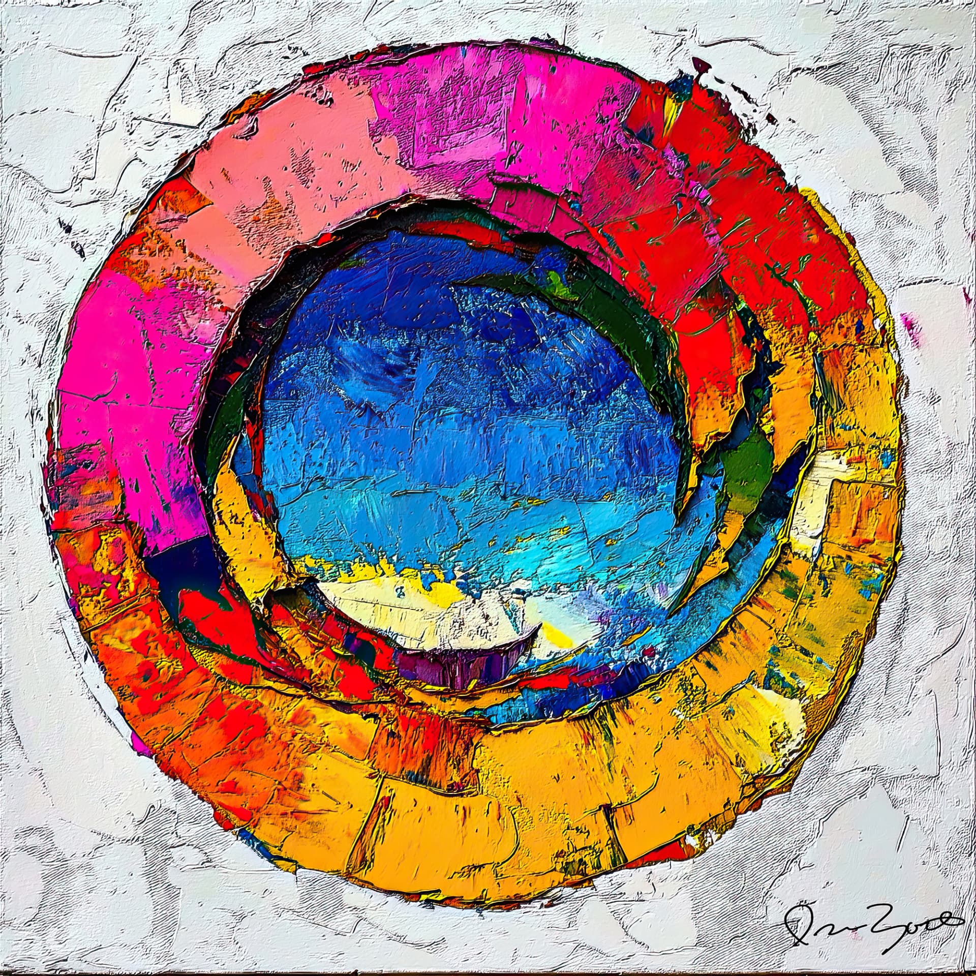 Square abstract digital painting of one large textured circular form with a cobalt-blue centre and segmented magenta, red, orange and yellow ring on a white ground.