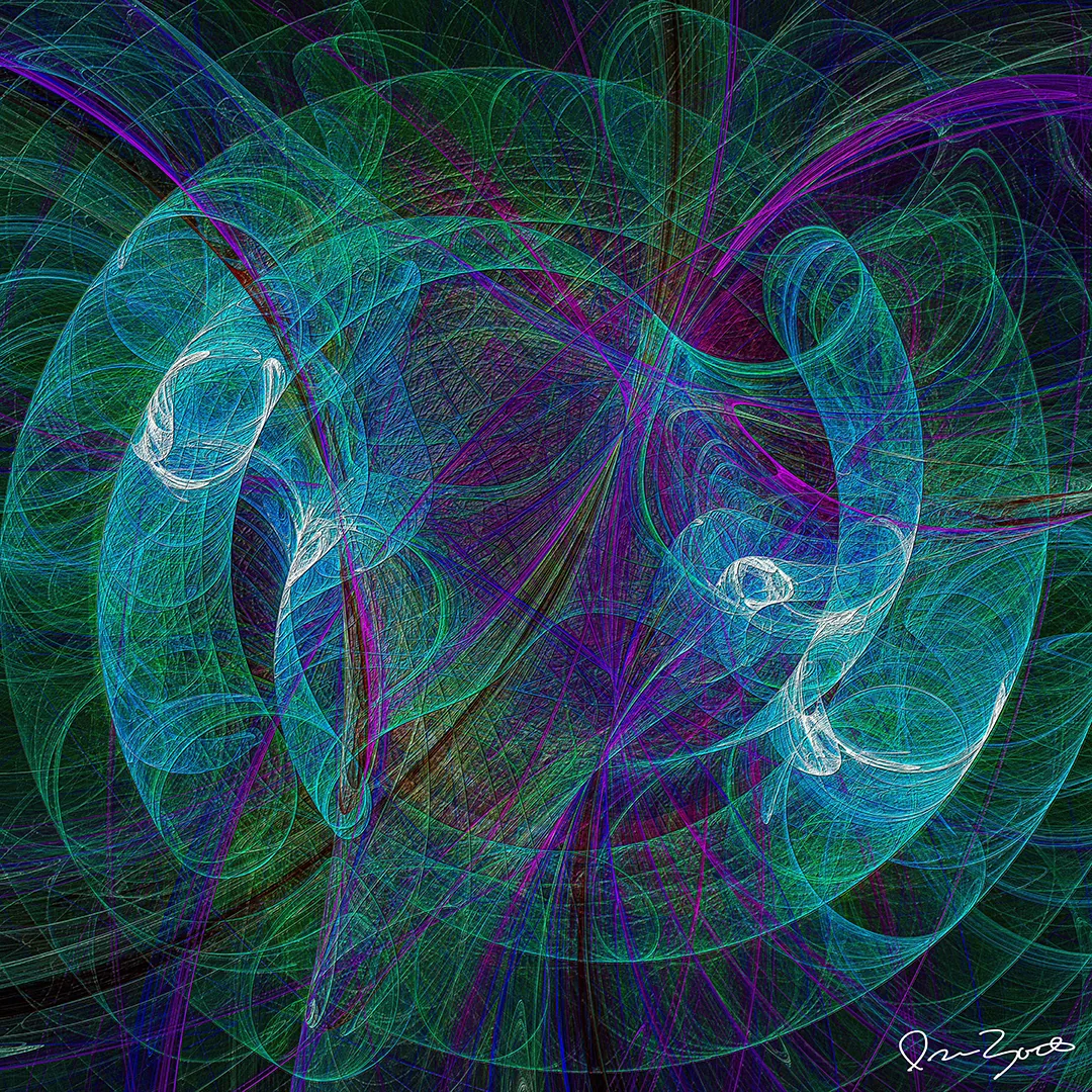 Square abstract digital artwork of luminous cyan, teal and magenta orbital lines swirling over a black ground.