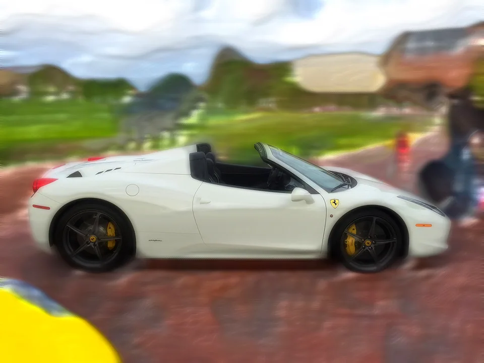 Digital painting of a white Ferrari 458 Spider in side profile on a brick drive, with the landscape behind it blurred into painterly strokes.