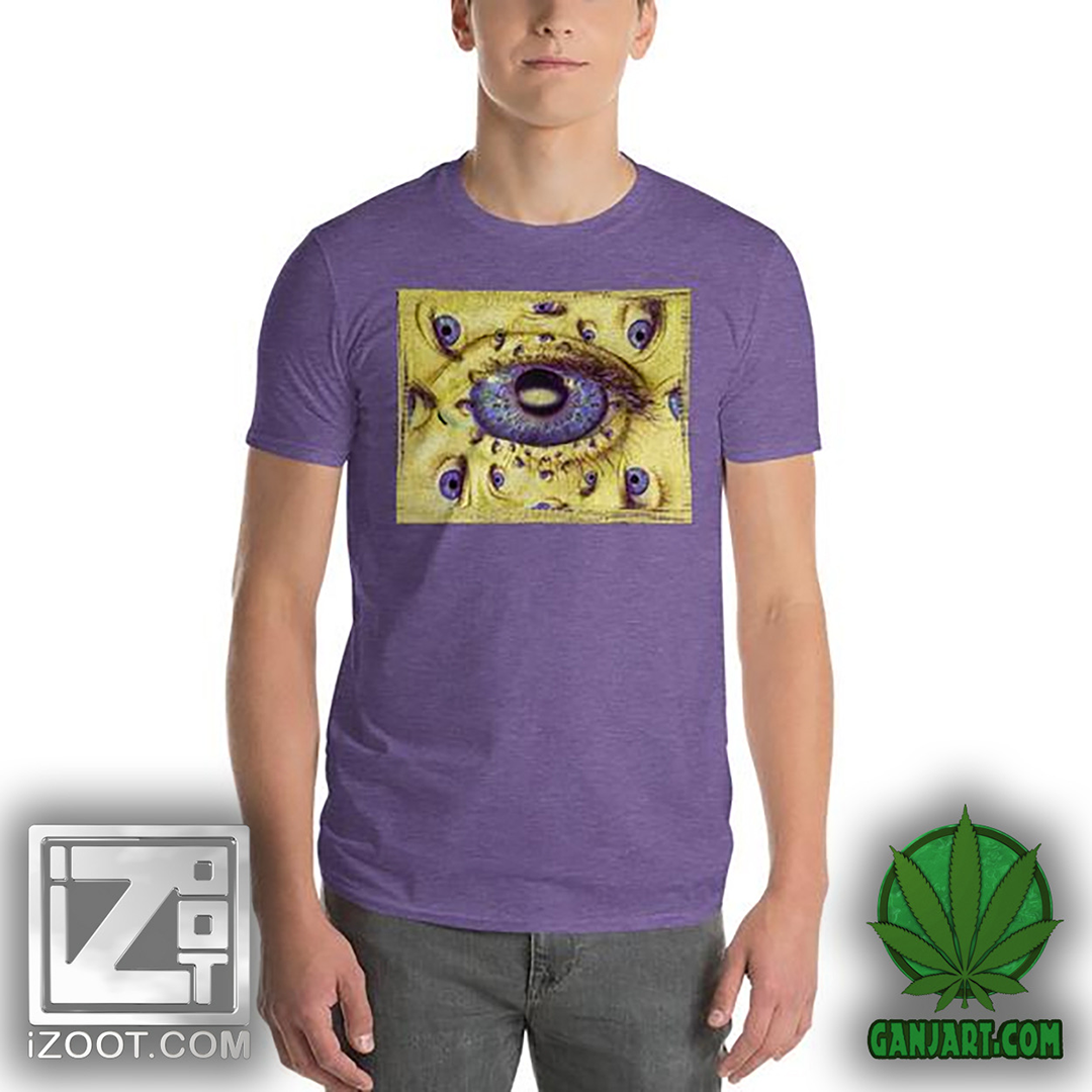 Heather purple t-shirt printed with a large violet eye and smaller scattered eyes embossed in a gold textured surface.