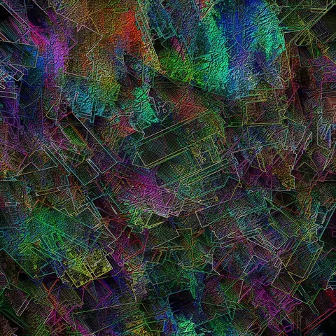 Square abstract digital work on a near-black ground covered in thousands of thin luminous magenta, green, cyan and gold outlines forming overlapping angular plates.