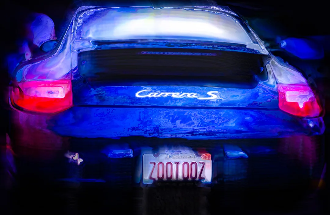 Digital painting of a Porsche 911 Carrera S from behind at night, bodywork rendered in liquid cobalt and violet with glowing magenta tail lamps.