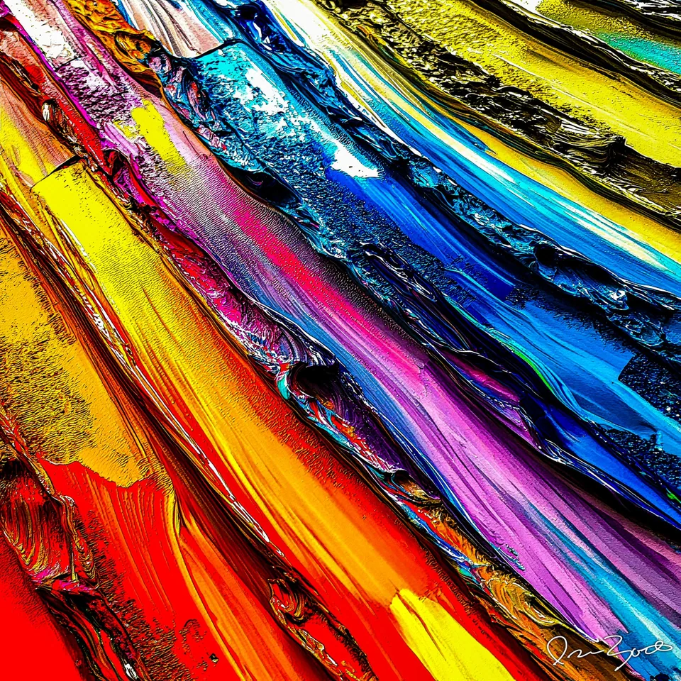 Square abstract digital painting of a high-contrast diagonal sweep in acid yellow, red, magenta, orchid and cyan with hard black edges along the paint ridges.
