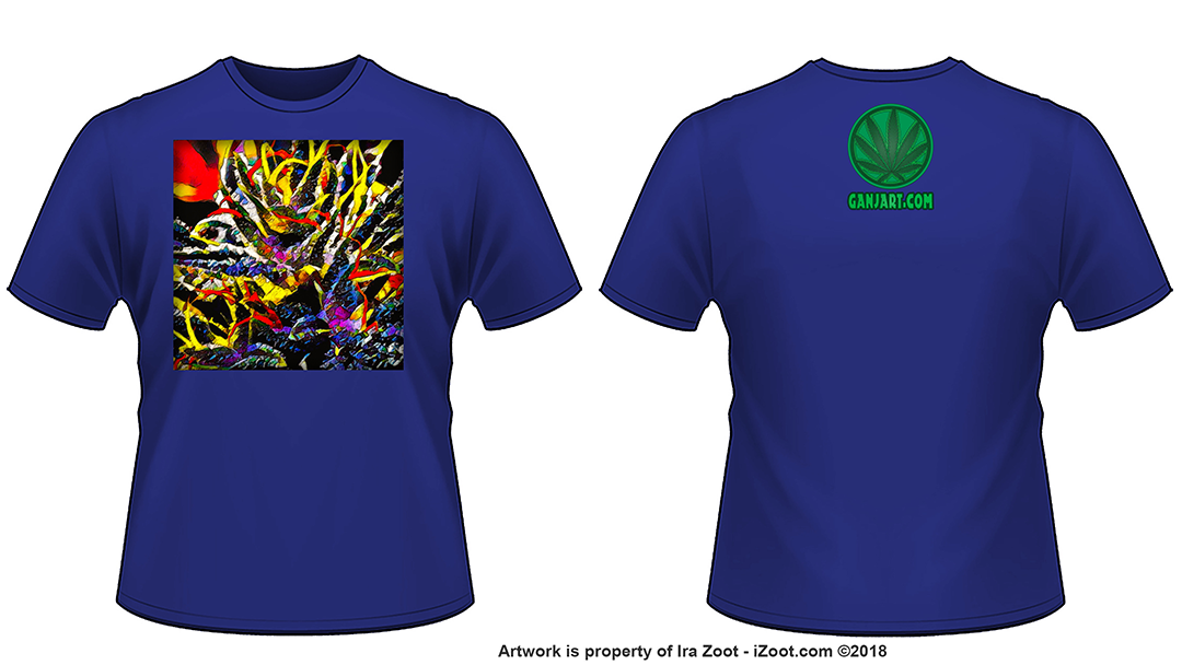 Front and back mockup of a royal blue t-shirt with a dense yellow, red and blue filament abstract on black and a GanjArt.com back logo.