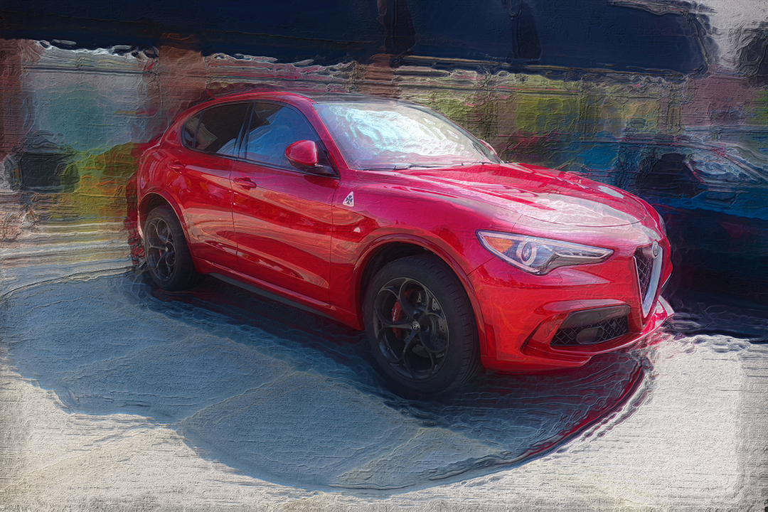 Digital painting of a red Alfa Romeo Stelvio Quadrifoglio on a pale troweled floor, against a wall of teal, olive and rose plaster blocks.