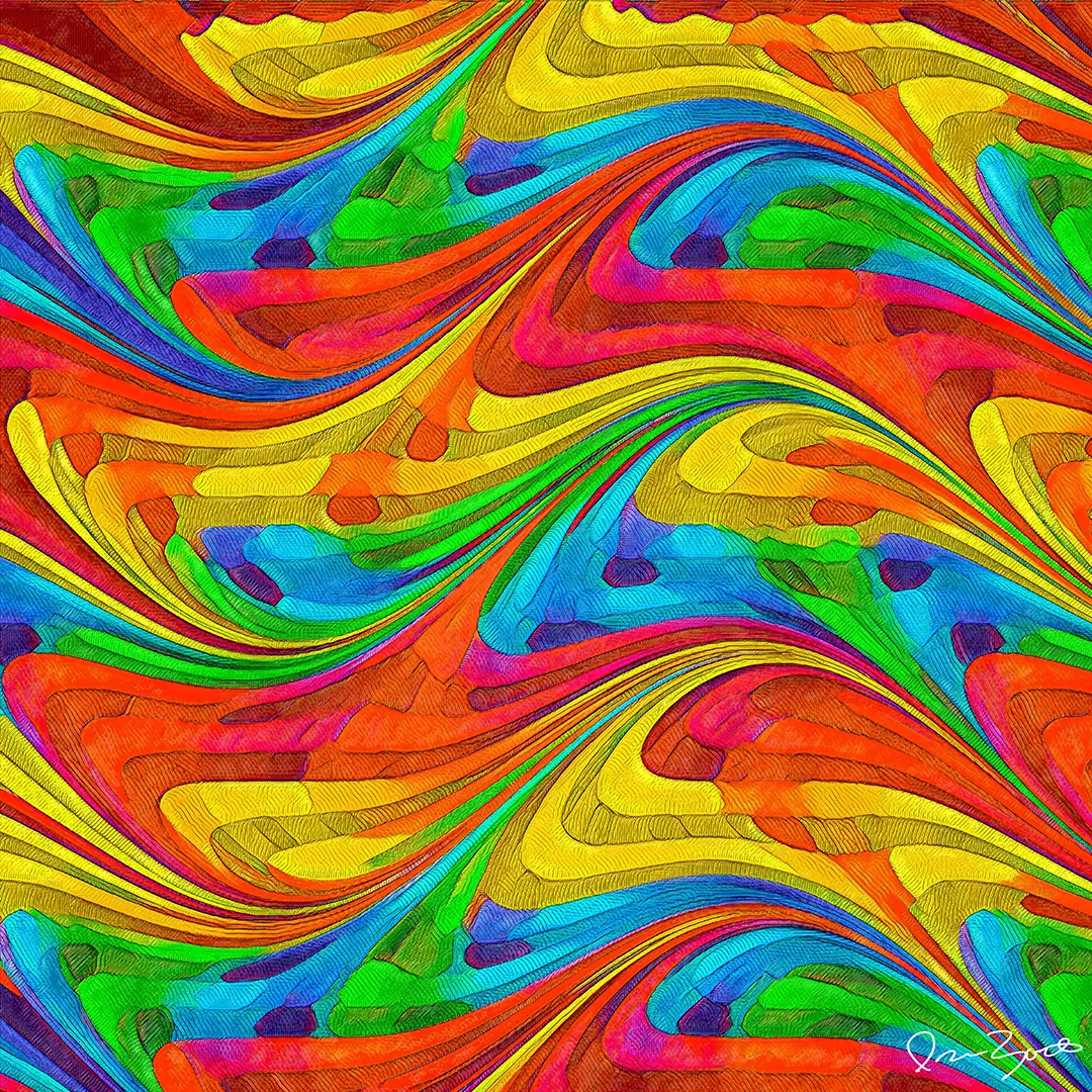 Square abstract digital painting with a repeating pattern of brightly colored hatched waves in yellow, orange, cyan and green.