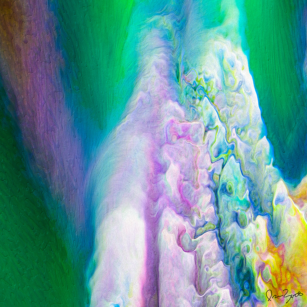 Square abstract digital painting with a luminous white and violet spine rising through emerald green and teal fields.