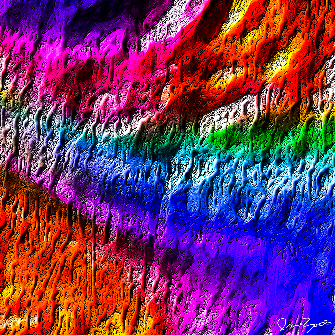 Square abstract digital painting of deeply textured rainbow color bands flowing diagonally across the image.