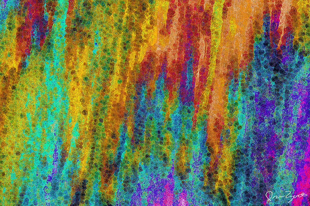 Landscape abstract digital painting of vertical curtains of turquoise, ochre, orange and violet built from dense overlapping circular marks.