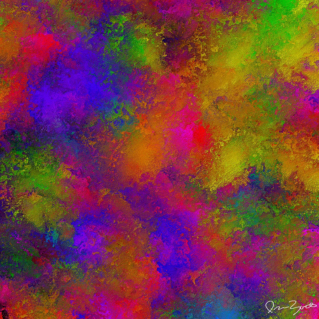 Square abstract digital painting of a granular stippled field of magenta, yellow, blue and green pigment with visible surface tooth.