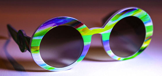 Product concept image of small patterned eyeglass frames.