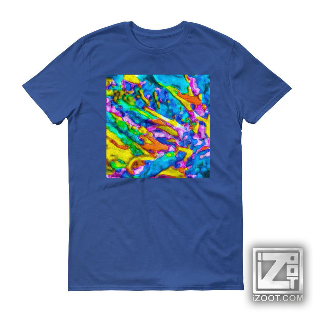 Royal blue t-shirt printed with a square iZoot abstract of cyan, yellow and magenta molten ribbons.