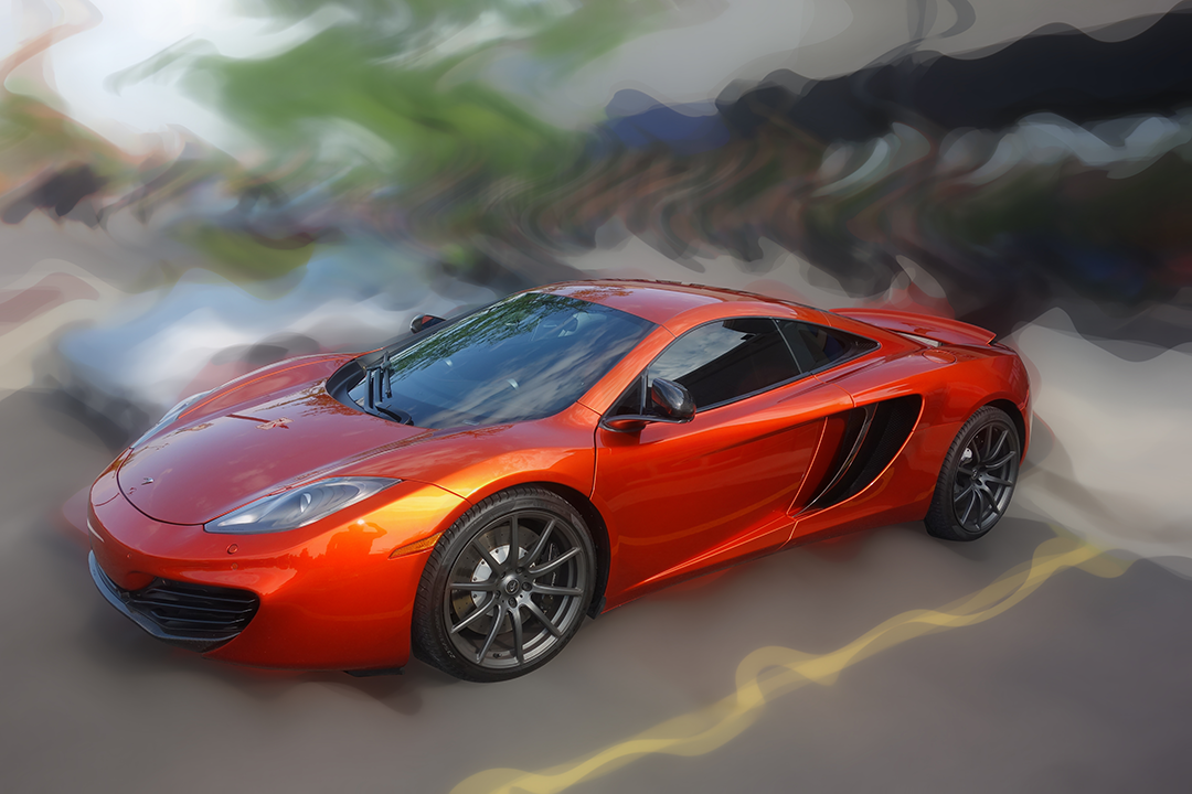 Digital painting of an orange McLaren MP4-12C from a high angle, sharp against a background smeared into green and grey horizontal bands.
