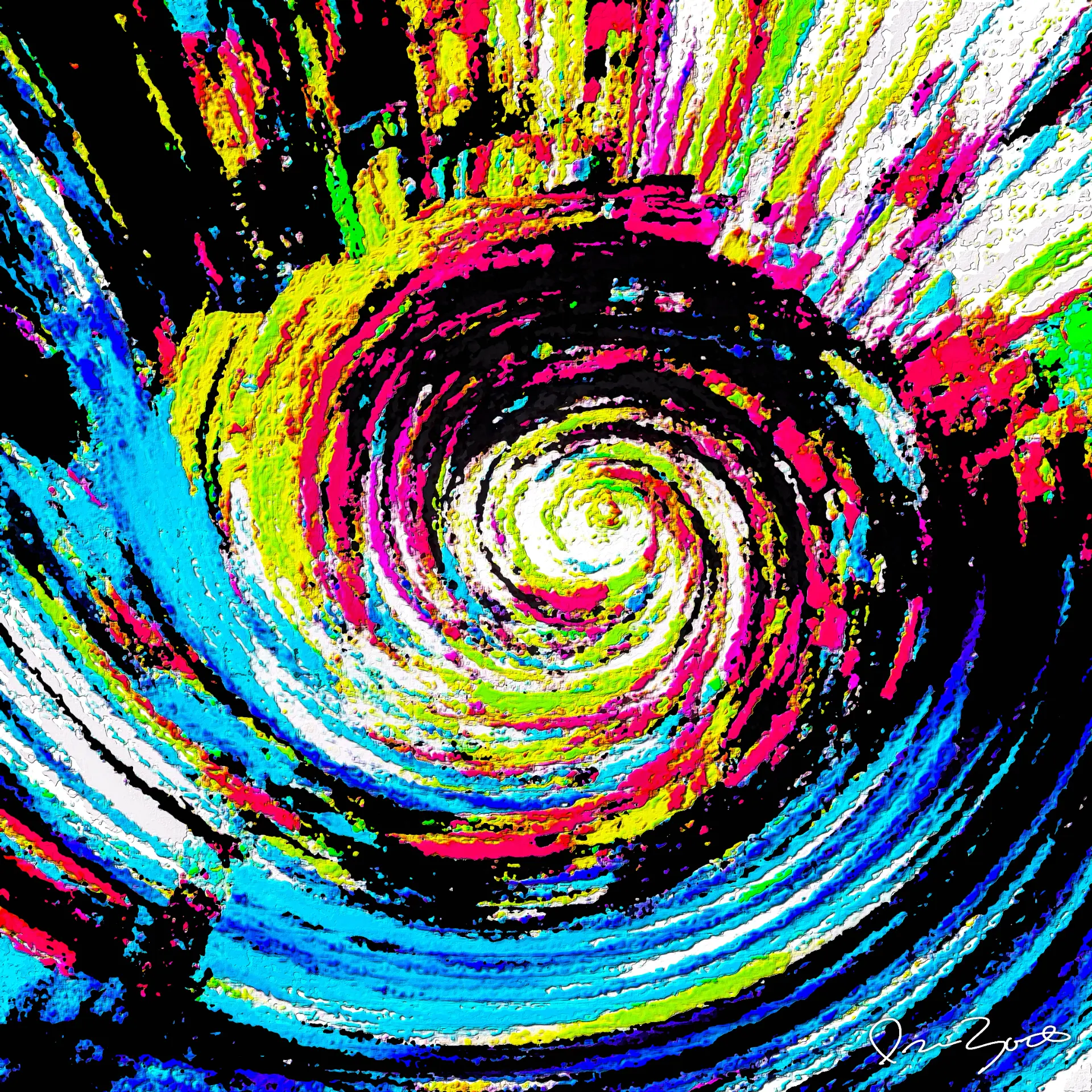 Square abstract digital painting of a spiral of cyan, yellow-green, magenta and white ridged strokes winding inward to a white centre against a black ground.