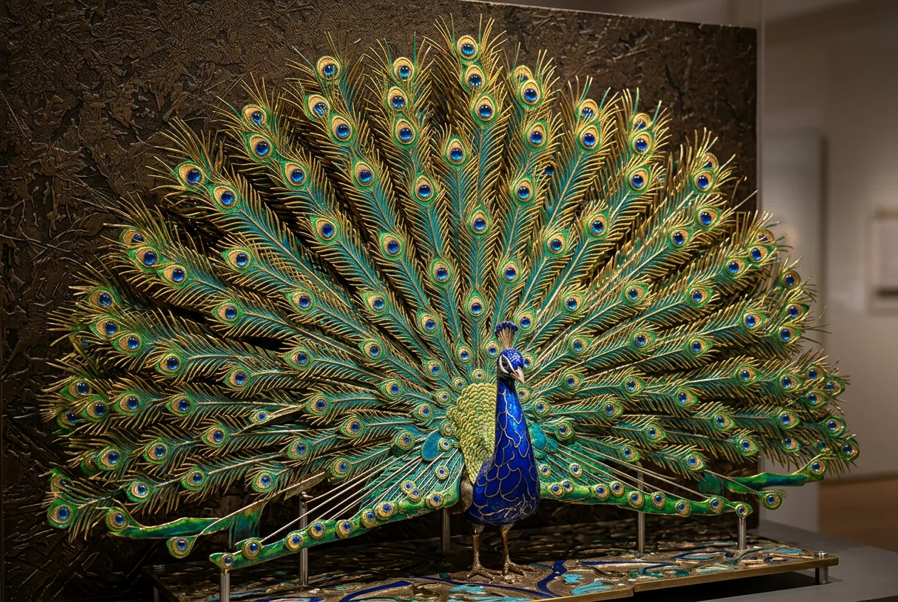 Dimensional interpretation of Peacock IX: peacock plumage rendered in green and blue cloisonné enamel divided by raised gilded brass wire.