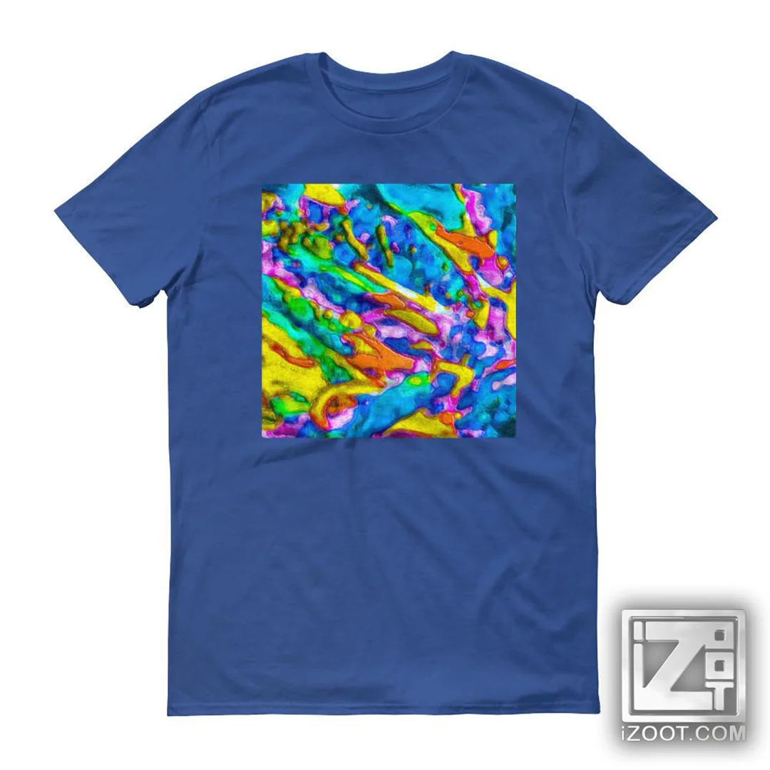 Royal blue t-shirt printed with a square iZoot abstract of cyan, yellow and magenta molten ribbons.