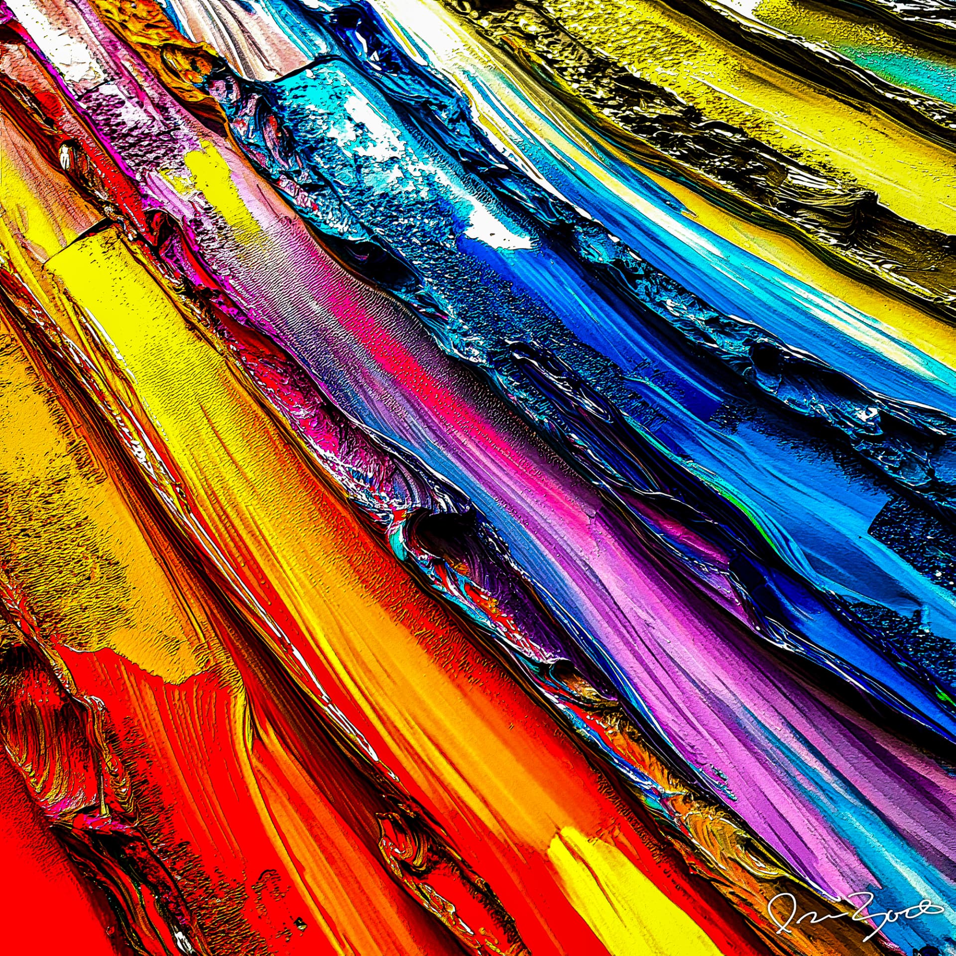 Square abstract digital painting of a high-contrast diagonal sweep in acid yellow, red, magenta, orchid and cyan with hard black edges along the paint ridges.