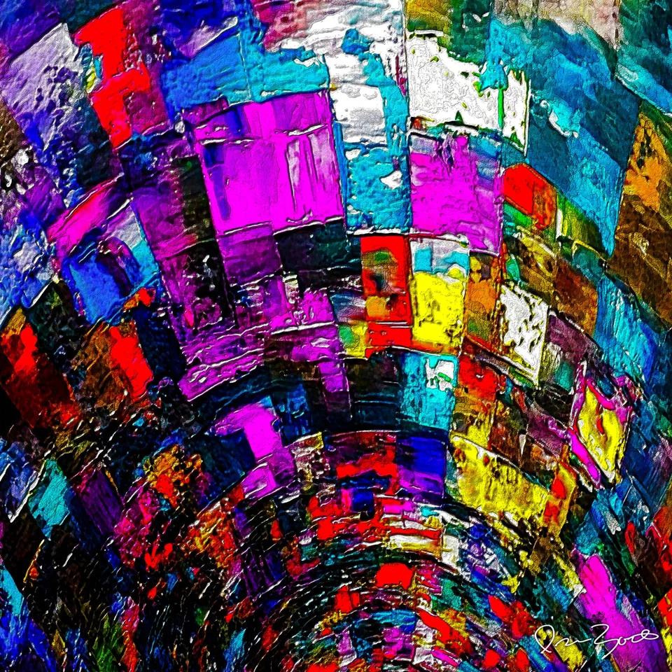 Square abstract digital painting of stacked blocks of magenta, turquoise, blue, yellow and white bent along concentric arcs, with white scored lines between the blocks.