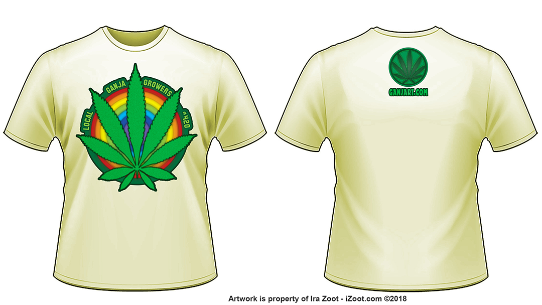 Front and back mockup of a cream t-shirt with a green cannabis leaf emblem over rainbow bands reading Local Ganja Growers #420.