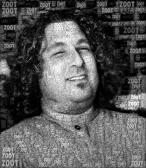 Portrait of digital artist Ira Zoot, rendered as a typographic mosaic of the word ZOOT