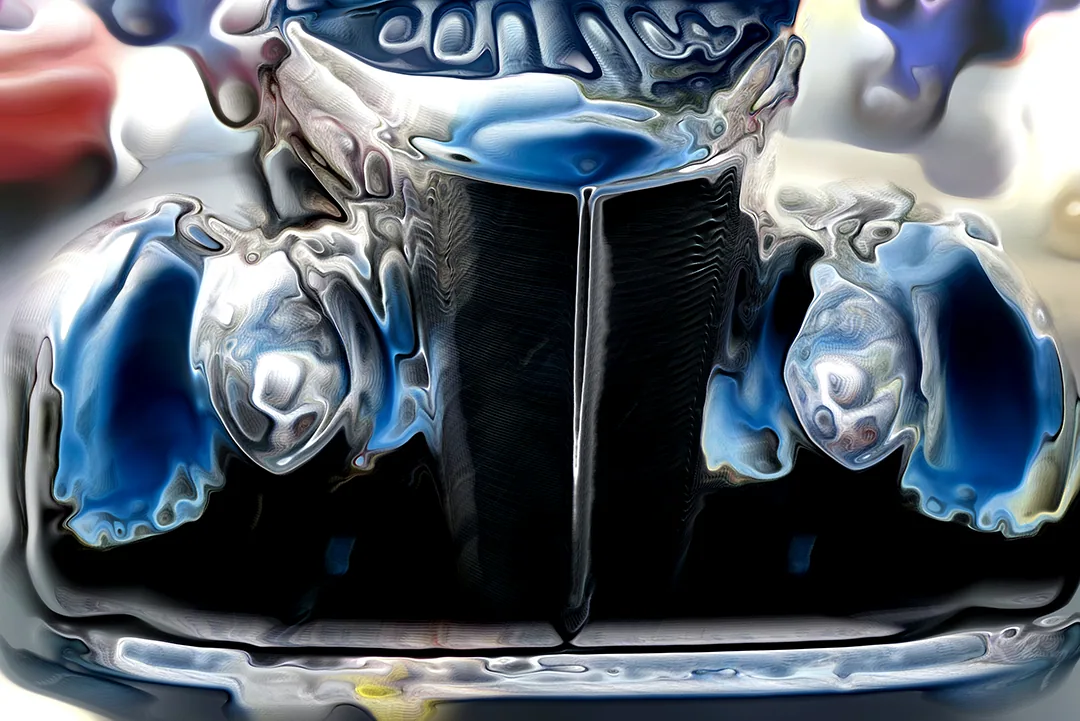 Digital painting of a hot rod grille in extreme close crop, chrome flowing like mercury over cobalt blue and pearl.