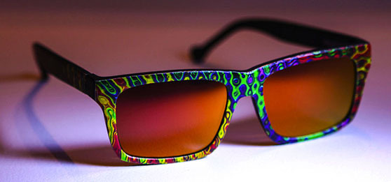 Product concept image of eyeglass frames with a fractured, shard-like pattern.