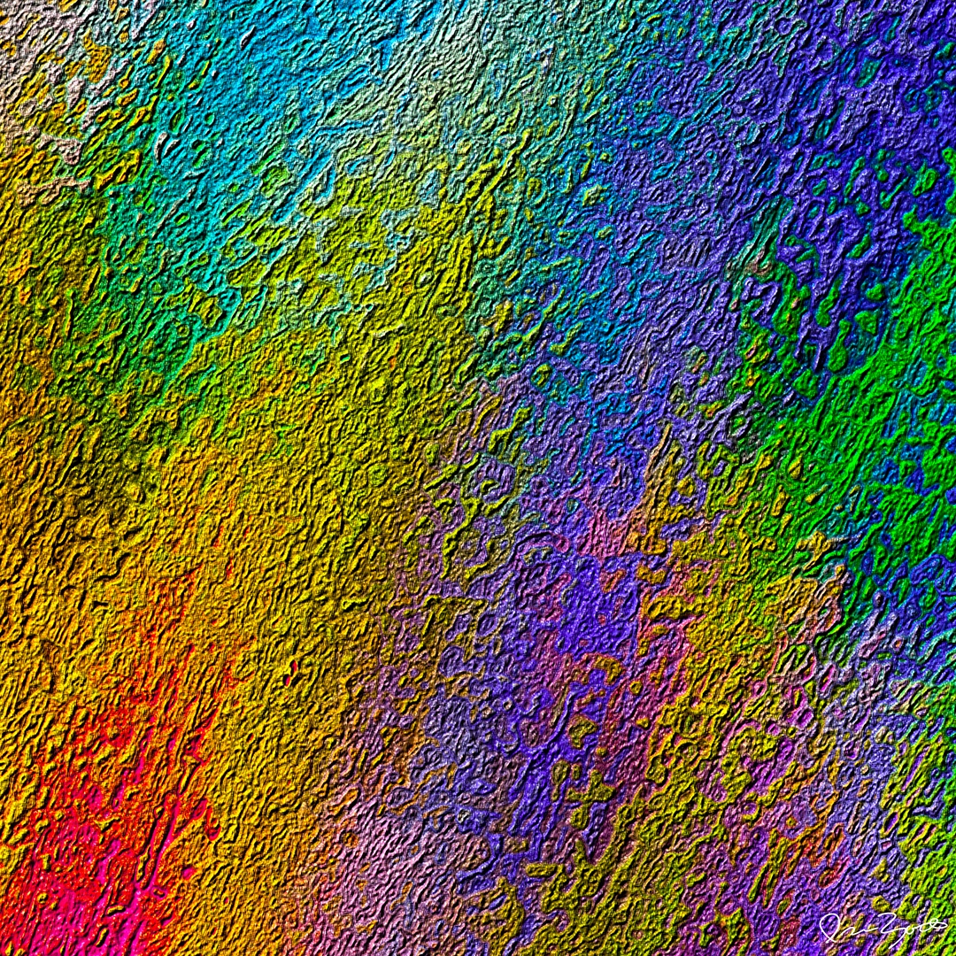 Square abstract digital painting of dense looping relief texture graded from crimson and gold into teal, indigo and emerald.