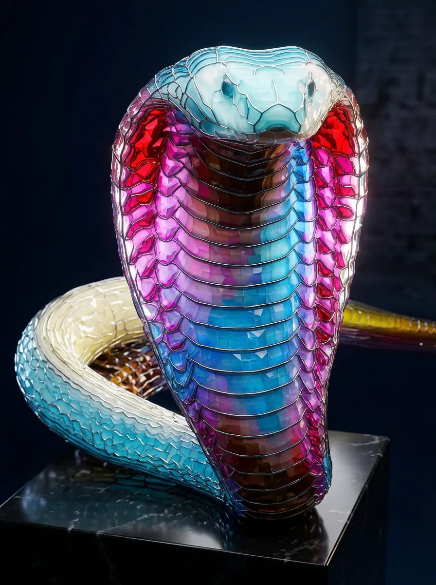 Dimensional interpretation of Cobra ZZ III: a coiled serpent form in faceted magenta and cyan cast glass over a chromed core.