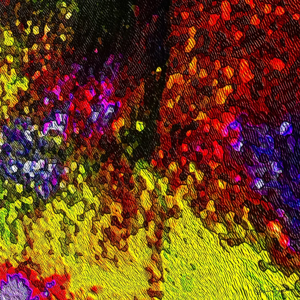 Square abstract digital work of small dark-outlined cells forming fields of yellow, red and crimson split by a diagonal black band, with violet and white clusters.