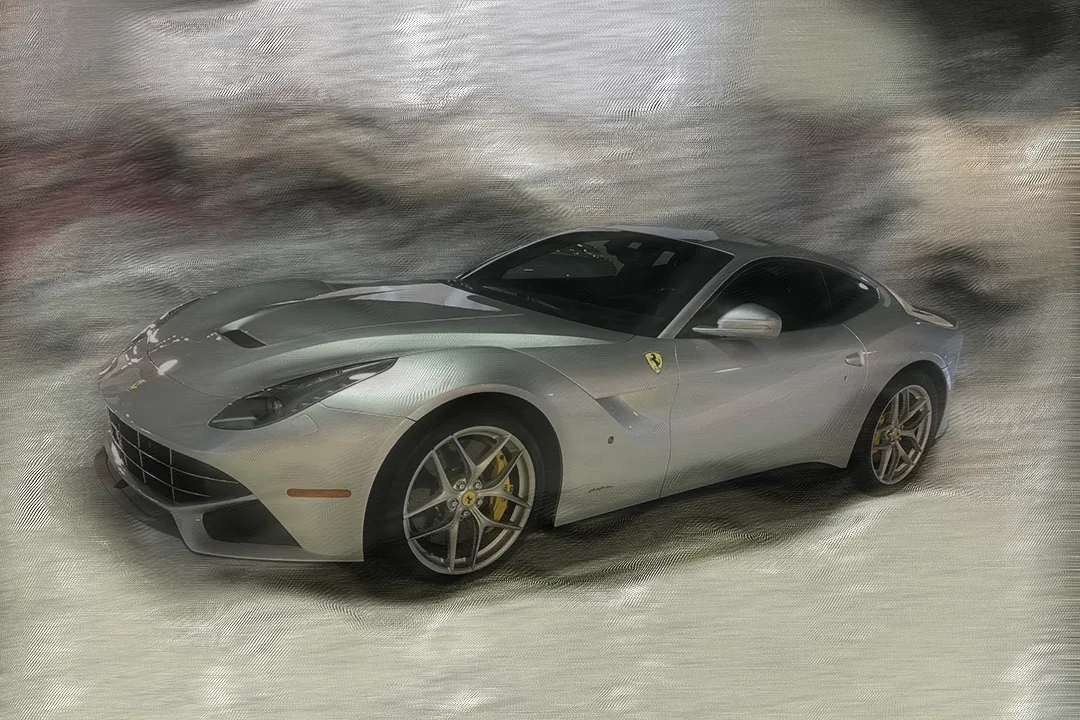 Digital painting of a silver Ferrari F12 Berlinetta with a woven metallic grain, set in a soft graphite and cream storm of texture.