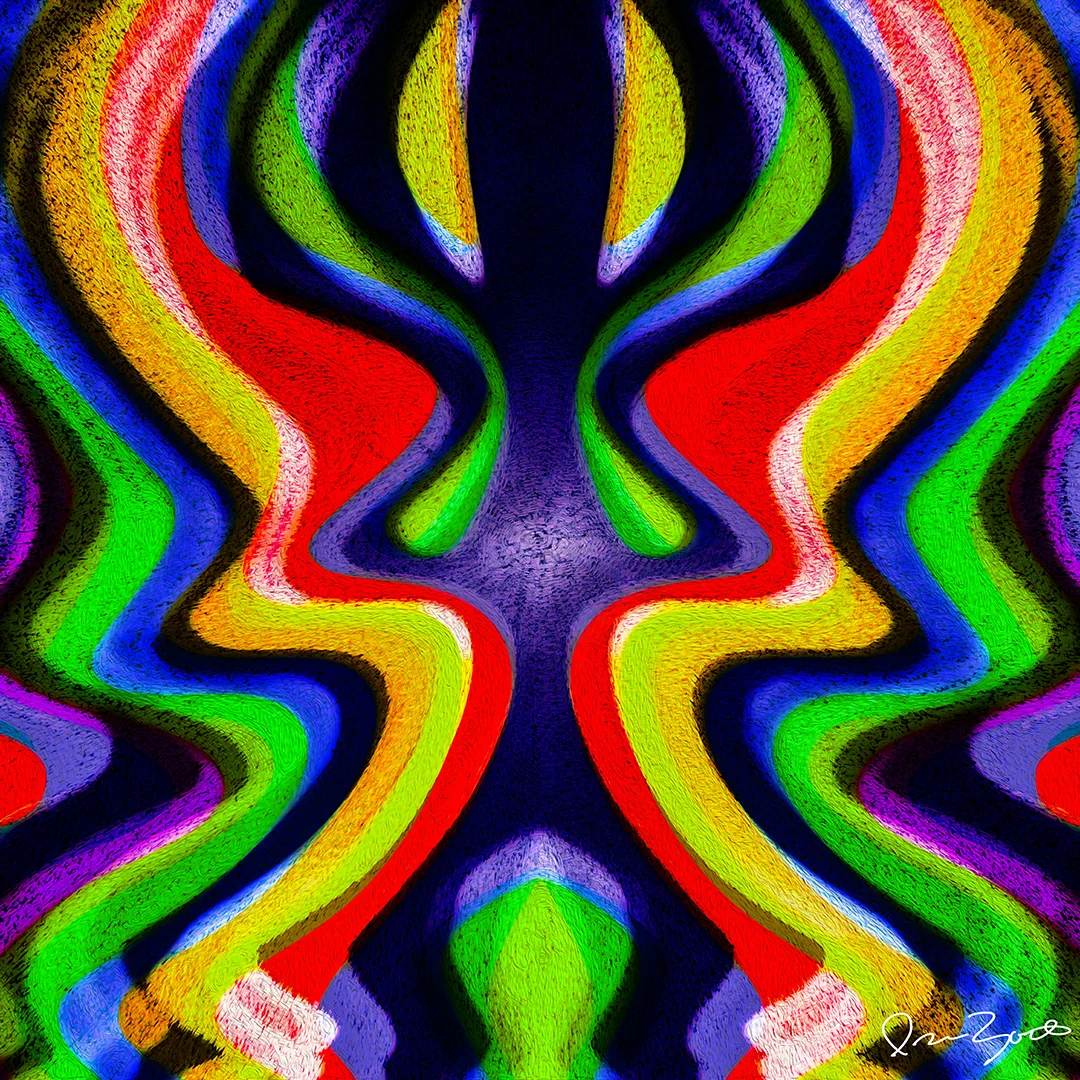 Square abstract digital painting of mirrored ribbons of red, yellow, green, blue and violet folding across a deep indigo ground.