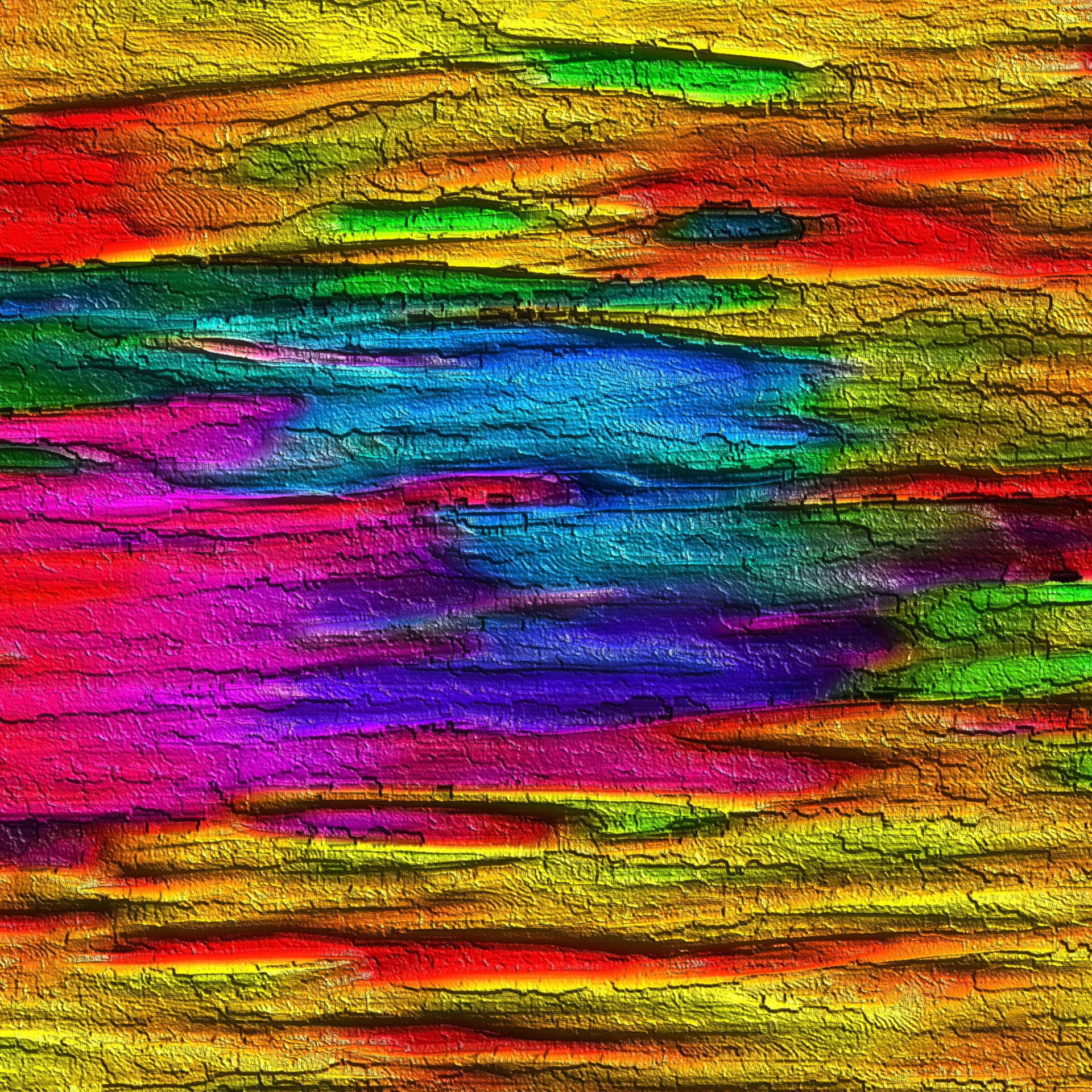 Square abstract work of long horizontal bands of rainbow colour with a cracked, weathered texture, cyan and magenta at the centre framed by yellow, orange and green.
