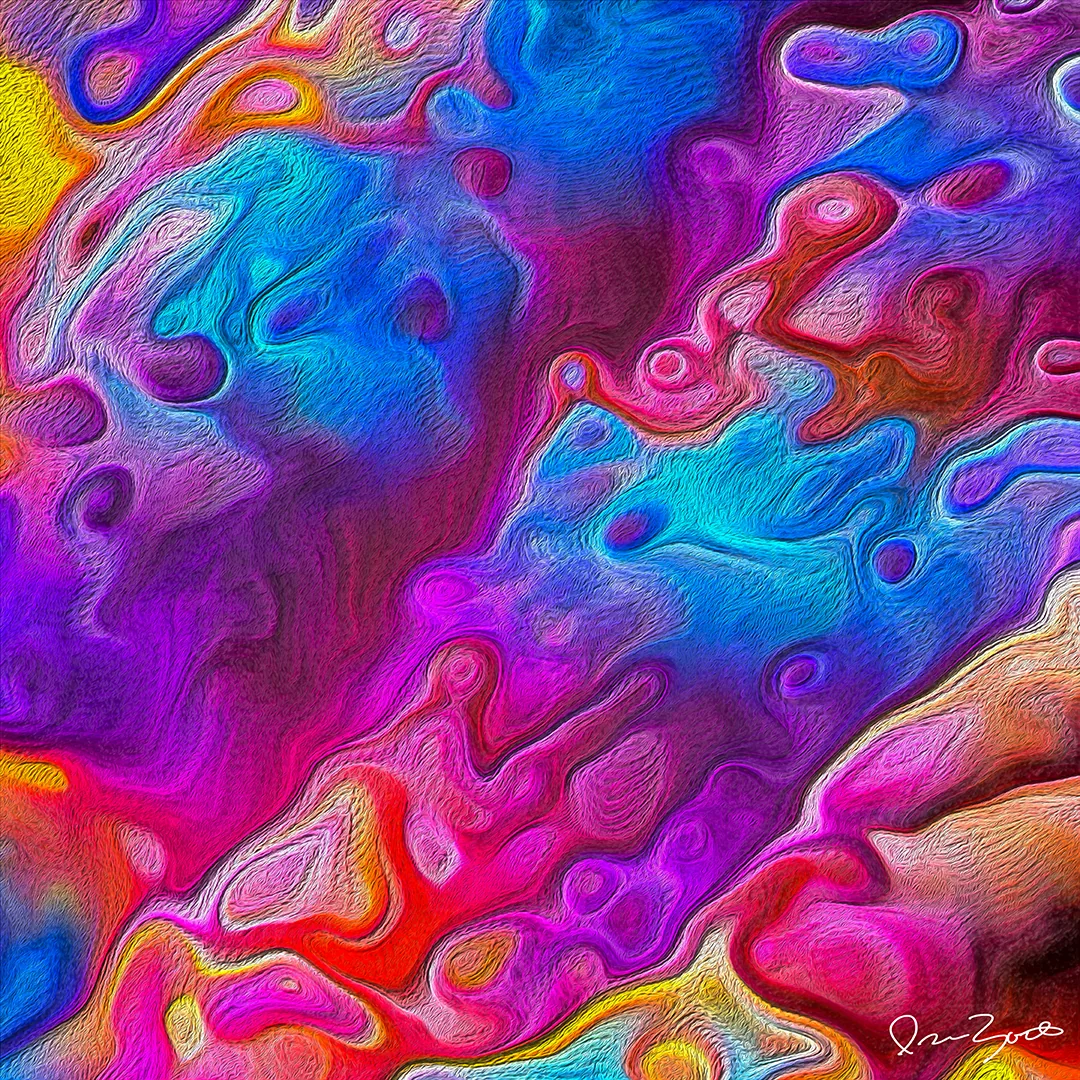 Square abstract digital painting with flowing cyan, magenta, violet and orange forms outlined by fine textured ridges.