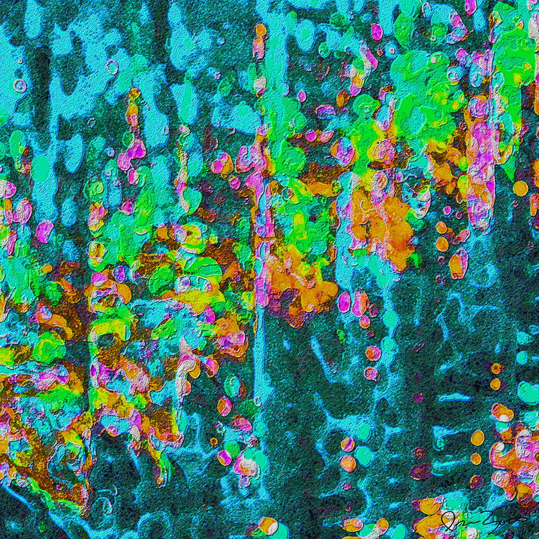 Square textural abstract digital painting with turquoise drips and clustered green, orange and pink marks on a dark ground.