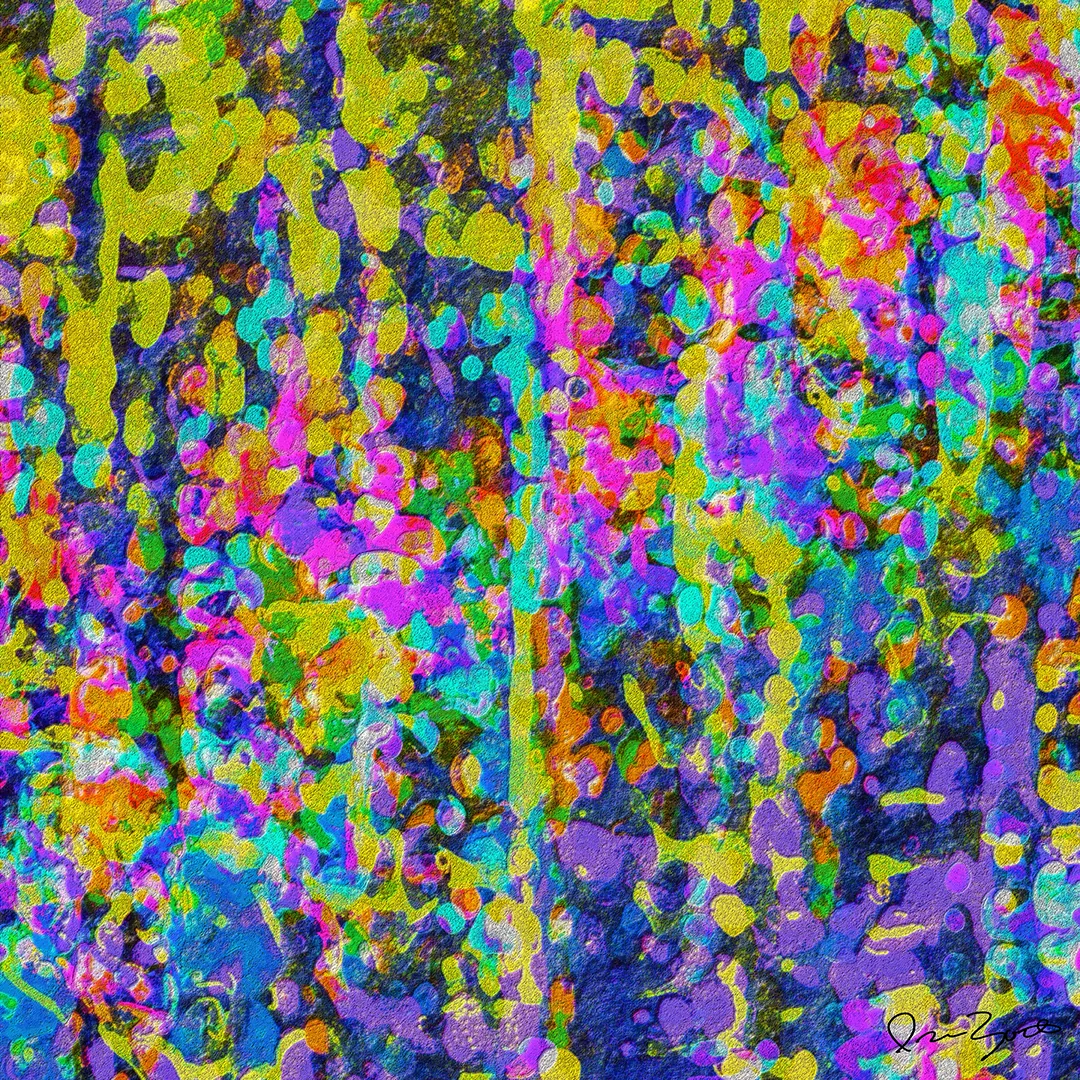 Square abstract digital painting of chartreuse, cyan and magenta droplets scattered over a violet and indigo granular ground.