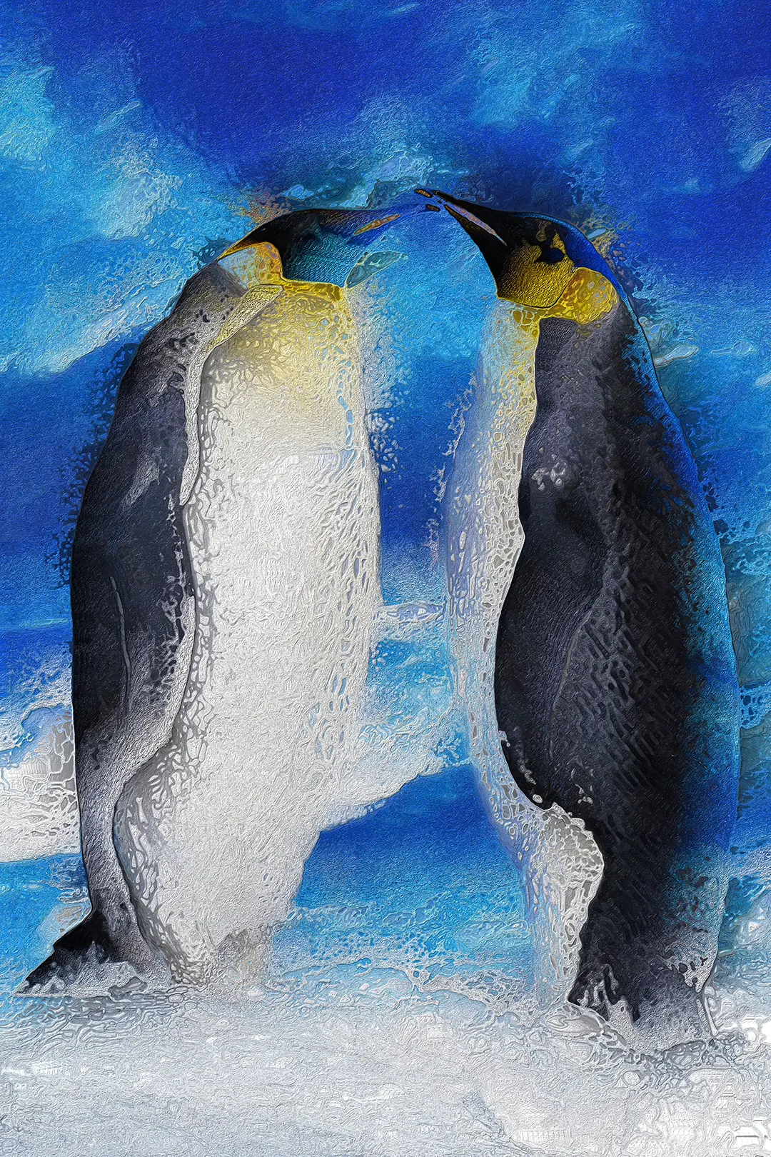 Digital painting of two emperor penguins leaning together with bills nearly touching against a blue and white icy background.