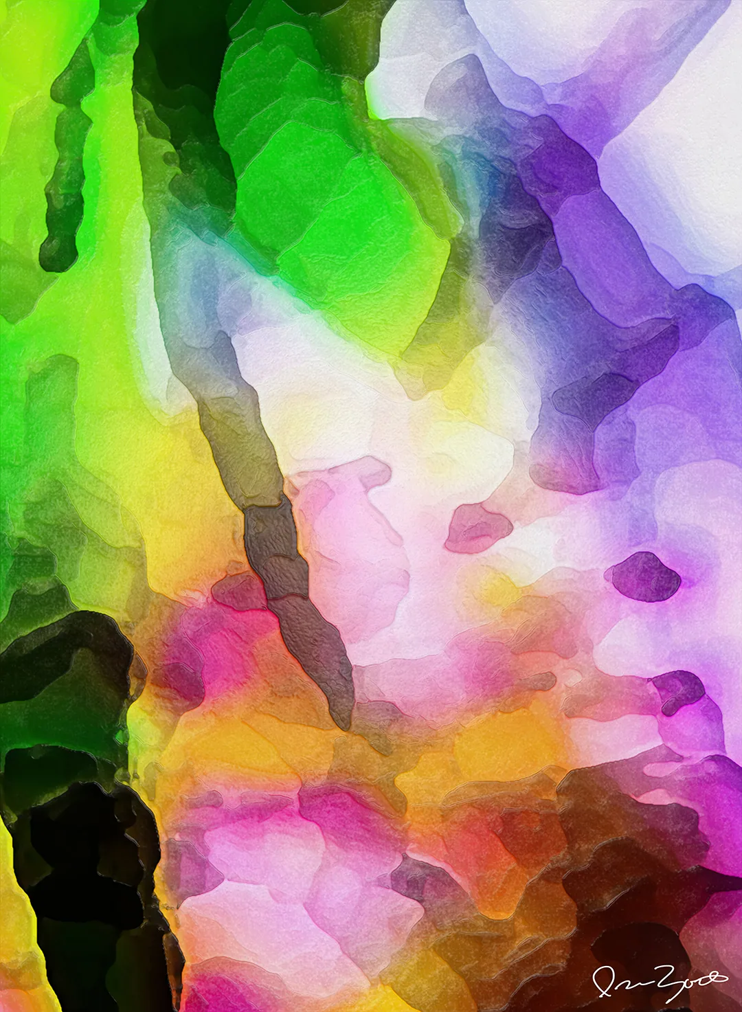 Vertical abstract digital watercolour of layered green, violet and magenta washes with a dark vertical stem through the centre.