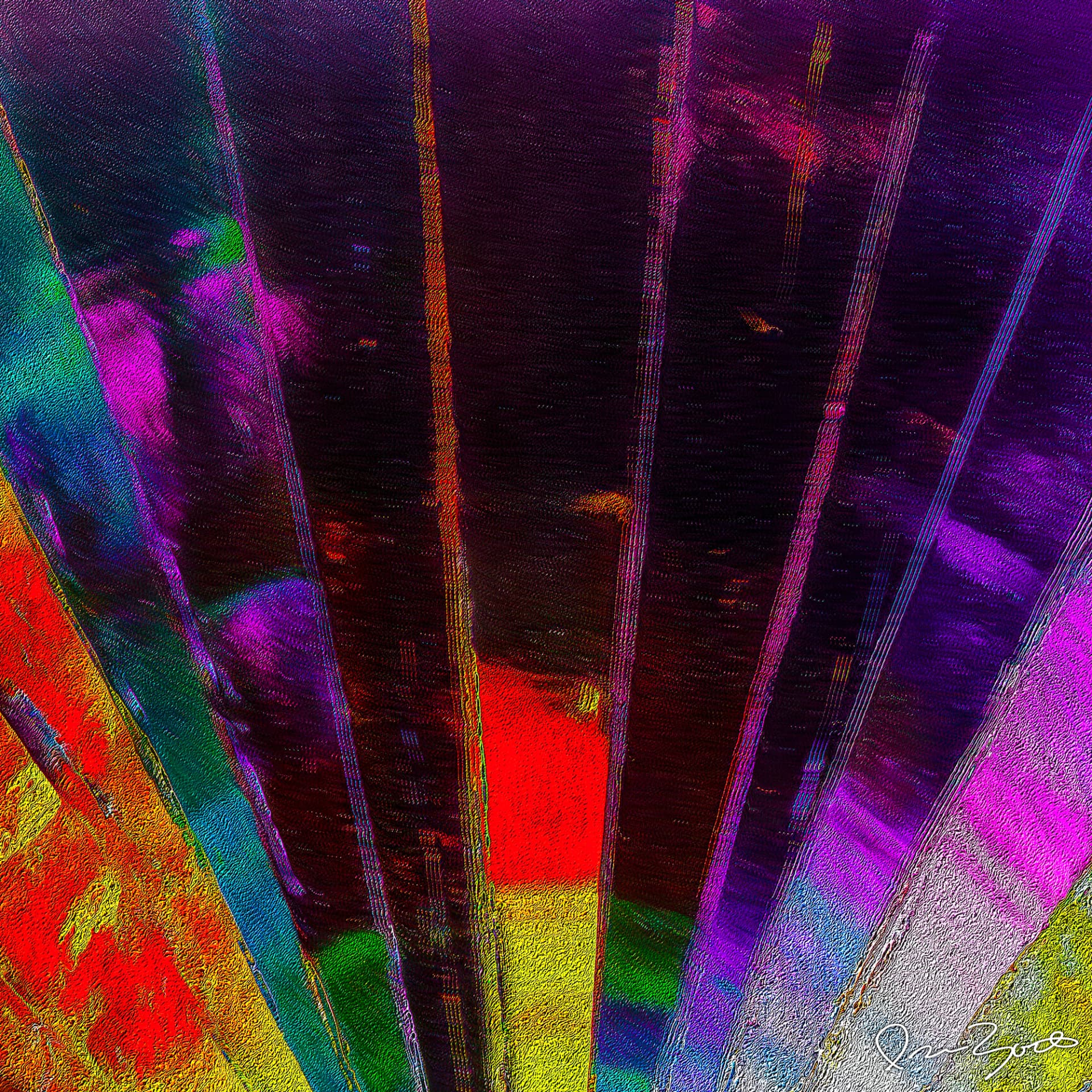 Square abstract digital work of tall dark aubergine panels fanning upward, divided by thin magenta and orange seams, with saturated red, yellow and cyan at the lower corners.