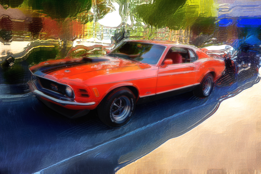 Digital painting of an orange Ford Mustang Boss 302 with a black hood stripe on a dark blue road, backed by abstracted green and blue foliage.