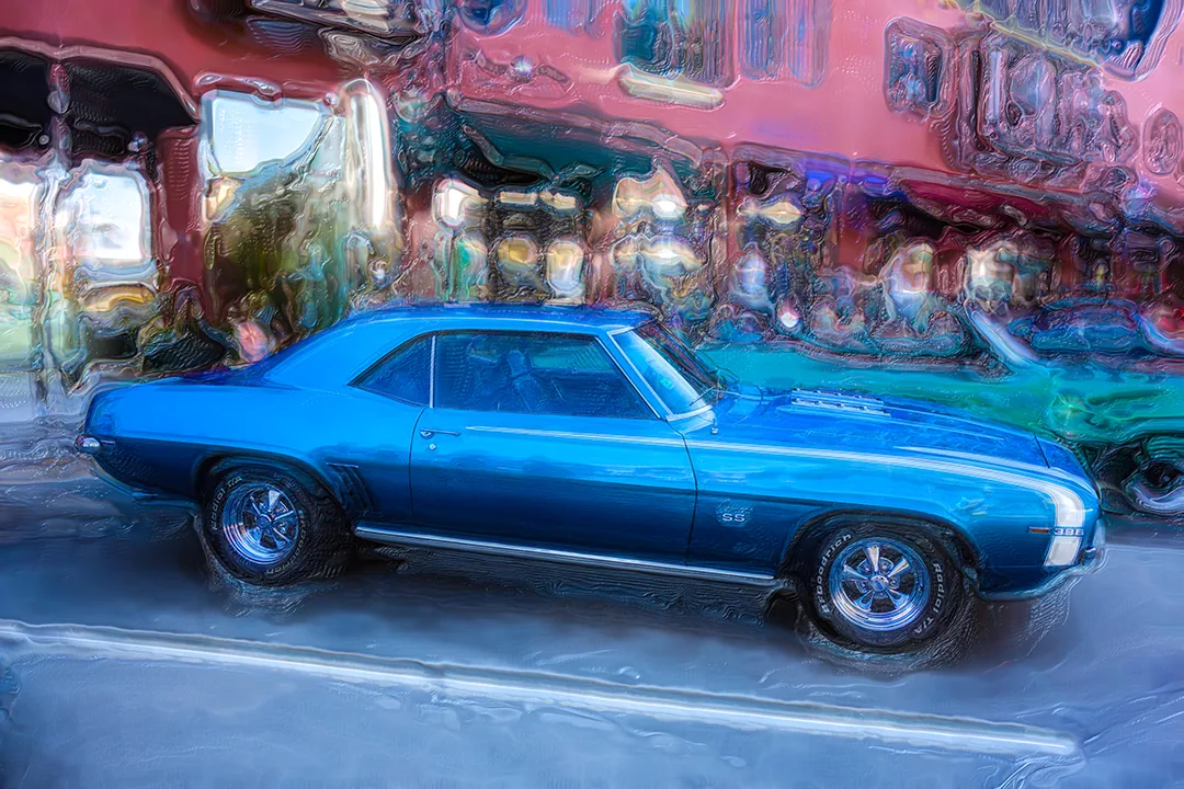 Digital painting of a blue 1969 Chevrolet Camaro SS with white stripes in side profile, against a storefront churned into thick waves of rose and teal.