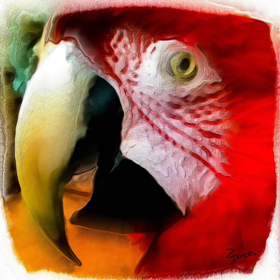 Digital painting close-up of a green-winged macaw's head with pale striated cheek, cream beak and crimson plumage.