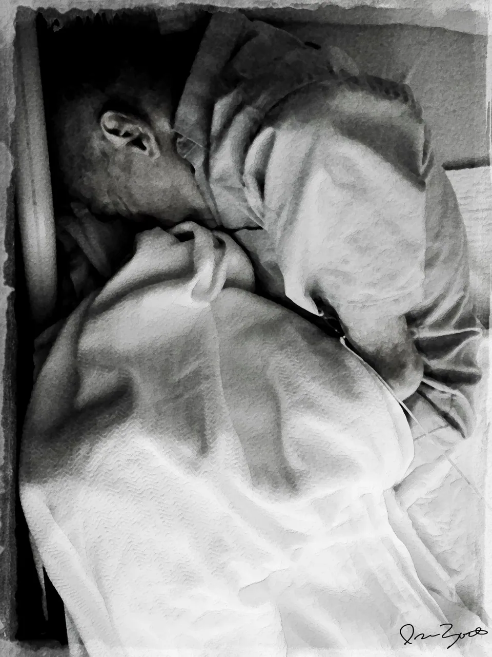 Black and white photograph of an elderly man turned away in a hospital bed beneath a large folded white blanket.