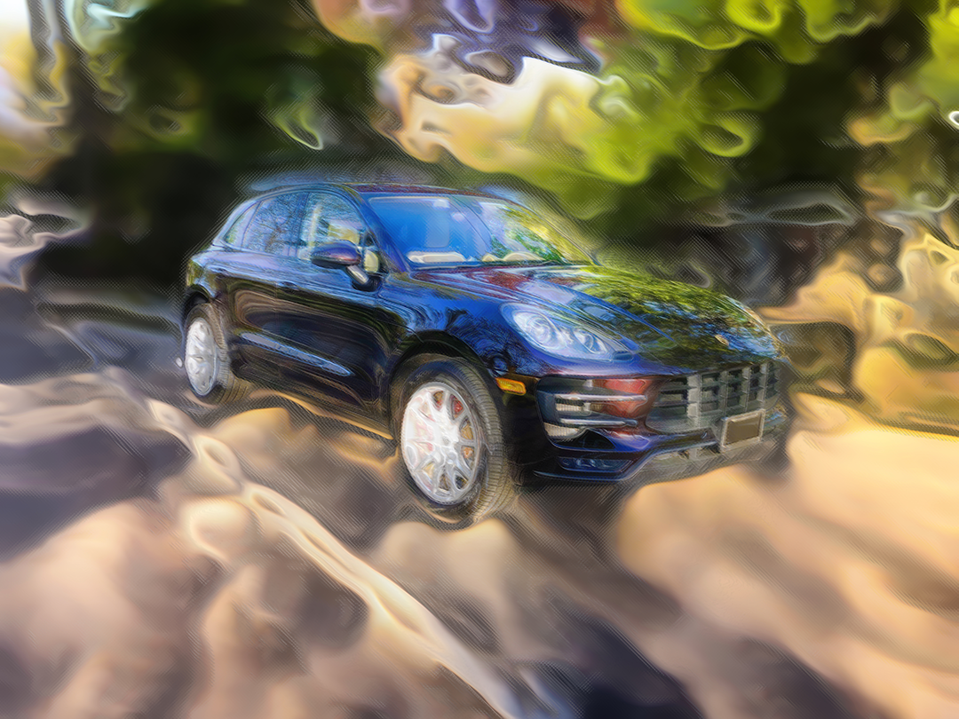 Digital painting of a dark blue Porsche Macan Turbo on pale rock, surrounded by swirling green and gold abstracted foliage.