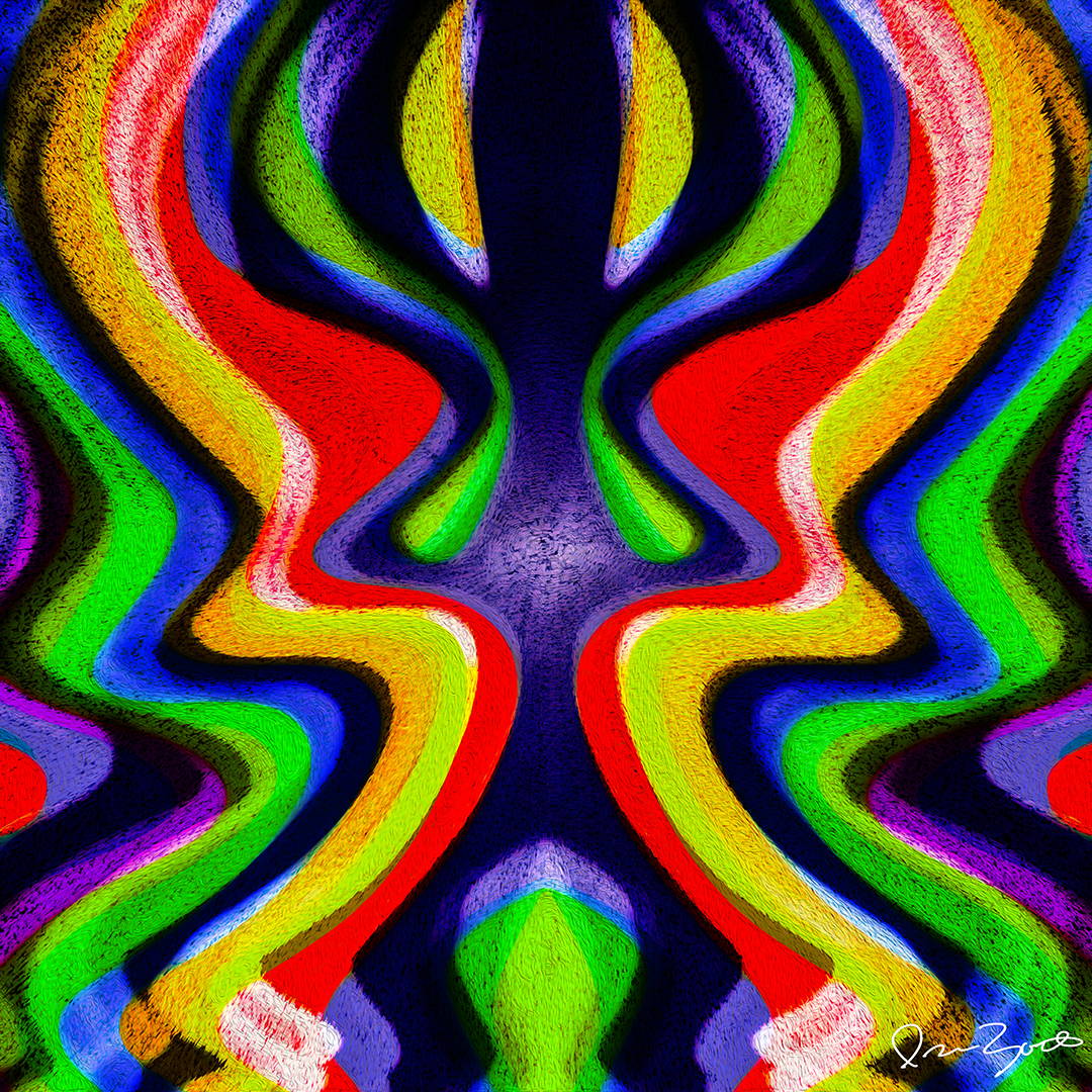 Square abstract digital painting of mirrored ribbons of red, yellow, green, blue and violet folding across a deep indigo ground.
